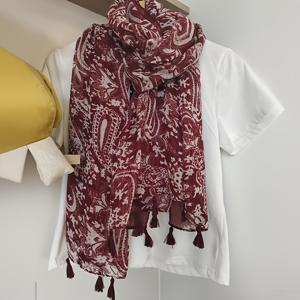 TEMU 봄/여름용 얇은 스카프, 봄/여름 컬러 레드 페이즐리 발리 원사 프リンジ 숄
