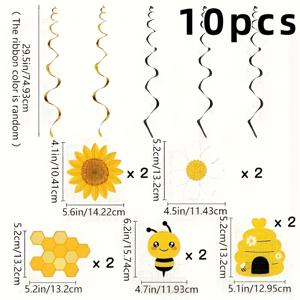 TEMU 10개 대형 벌레벌 매달이 나선형 장식 세트. 벌 테마 생일 파티에 완벽하며, 검정색과 금색 나선형 벌 카드가 특징입니다. 성별 공개 생일 축하 행사 및 벌집 모양 포일 스트리머에 적합합니다.
