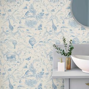 TEMU 1롤 레트로 블루 드리미 정글 자체 접착 벽지, 방수 & 내유성 클래식 코끼리와 기린 벽 스티커 - 침실, 거실, 주방, 가구 캐비닛용 핫에어 풍선 데칼