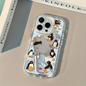 TEMU 1개 펭귄 패밀리 미러 폰 케이스 애플 아이폰 16/15/14/12/11/X/XR/XS/8/7/SE 미니 플러스 프로 맥스 시리즈용 ~ 크림색 투명 소재 - 리틀 펭귄 899ZZ