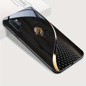 TEMU 삼성 노트 10+ 폰 케이스, 황금 용머리와 흑색 나무결 강화유리 케이스 충격방지 백커버