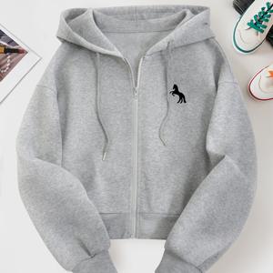 TEMU D139 - 여성용 원피스 지퍼업 숏 가디건 자켓, 패션 스웨트셔츠 후드티, 더블 레이어드 후드, 귀여운 말 프린트, 심플 캐주얼 Y 다용도 새 긴팔 탑 - WZH1627