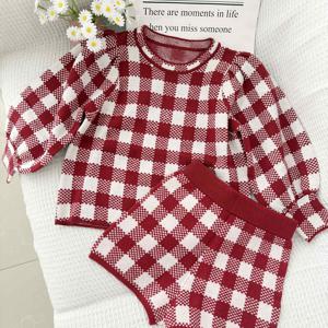 TEMU 2pcs 세트 풀오버 스웨터 + 반바지 세트, 10개월 - 36개월 아기에게 적합 - 벨벳 혼방 체크 크루넥 긴소매 랜턴 슬리브 한국 K-POP 캐주얼 외출 데일리 웨어 신년 의류 선물용, 야외용