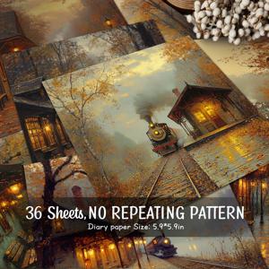 TEMU 36장 가을 기차역 스크랩북 용지, 장식 용지, 재료 용지, 정크 저널, 빈티지 다이어리, 선물 포장, 수제 기념 앨범, 카드 제작, 배경 장식 등에 적합, 크기 5.9 * 5.9인치