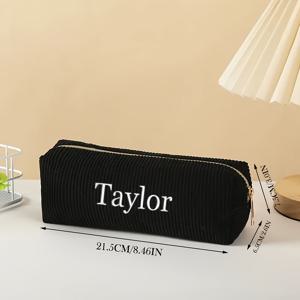 TEMU 맞춤 자수 이름 코듀로이 필통 - 지퍼형 파스텔 화장품 및 문구류 보관 가방, 학교, 사무실 및 교실 용품에 적합 - 튼튼한 데스크탑 액세서리 보관 파우치