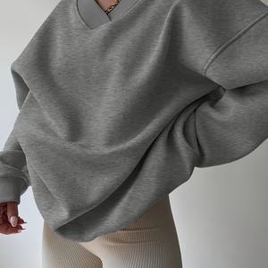 TEMU 가을 겨울 패션 여성용 솔리드 컬러 루즈핏 드롭 숄더 V넥 스웨트셔츠
