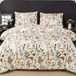 TEMU 꽃무늬 식물 프린트 이불 커버 3종 세트 (이불 커버 1개 + 베개 커버 2개), 고급 워싱 브러셔드 원단, 부드럽고 편안하며 피부에 자극 없고 통기성 좋음. 침실/기숙사 침구용, 가족과 친구에게 선물용으로 적합. 반응성 인쇄 및 염색, 색바램 방지, 수축 없음, 사계절용