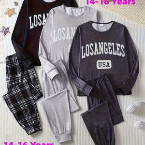 TEMU 랜덤 1세트, 2025년 신상 가을/겨울 스타일 청소년 파자마 트렌디 세트, 블랙 앤 그레이 레터링 체크무늬 긴팔 긴바지 가정용 여가 활동용 부드럽고 편안한 라운지웨어 세트, 청소년용 랜덤 1세트