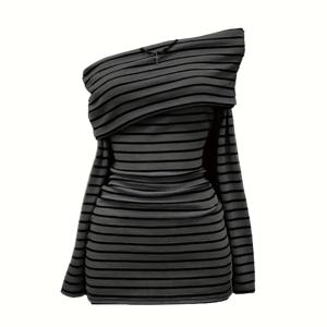 TEMU 여성용 우아한 블랙 & 그레이 가로 스트랩리스/원숄더 드레스 - A라인 실루엣, 버티컬 버튼 플라켓, 세탁기 사용 가능, 사계절 정장 & 세미 정장 (오피스, 웨딩 게스트, 파티 드레스)