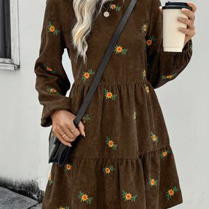 TEMU 여성용 가을/겨울 자수 돌수트 드레스 - 코드 드레스 긴팔 루즈핏 미니드레스, 라운드넥 세탁기 사용 가능, 테마 파티 & 캐주얼 의상 (코스튬) - 우아한 스페셜 라인 컬렉션