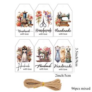 TEMU 96개 수제 빈티지 재봉틀 선물 태그 - 삼베 끈 포함, 천 같은 종이 라벨, 핸드페인팅 스타일 꽃 & 재봉 모티프, DIY 공예, 웨딩 파보, 파티 용품, 퀼팅 액세서리 (사랑으로 만든 수제 제품)