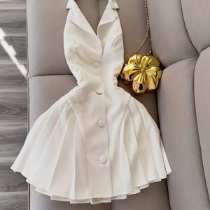 TEMU 세련되고 우아한 비즈니스 스타일 드레스, 프릴 A라인 스커트와 민소매 디자인으로 시크한 룩 연출