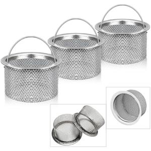 TEMU 3개 세트 주방 싱크대 스트레이너 (미세 메시 포함), 음식 찌꺼기 잡기 디자인, 손잡이 포함, 스테인리스 스틸 재질. 각 스트레이너의 직경은 3인치이며, 식기세척기 사용 가능
