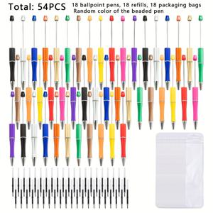 TEMU 54개 세트 백투스쿨 컬러 빈 비즈 펜 세트 (검정 잉크 리필 포함), 포장백, DIY 창의적 수공예, 젤펜 만들기
