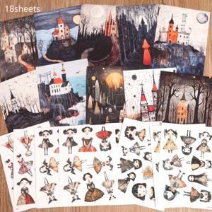 TEMU JAIIMAN 18장 (70+ 스티커) 아트 페이퍼 및 PET 중세 동화 성 자체 접착 스크랩북 스티커 팩, 공예용 투명 장식 데칼, 스크랩북 재료, 배경 스티커, 풍경 장식, 정크 저널, 다이어리 아이템