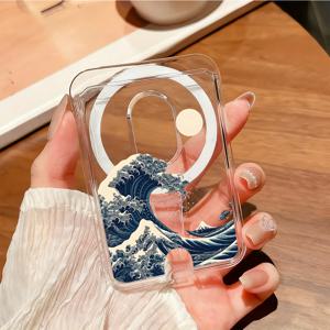 TEMU 가나가와 서핑 아트 투명 자석 카드 홀더 지갑 - 강력한 자석 흡착력, 버스/은행 카드 즉각 부착, 원-틱 접착식 휴대용 카드 케이스, 이동 중 효율성을 위한 자석 수집 장치