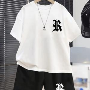 TEMU 청소년 남아용 R 패턴 캐주얼 여름 반팔 세트 패션 아웃도어 스포츠 봄과 여름 남아용 티셔츠 탑 반바지 세트 액세서리 미포함, 야외용, 야외 활동에 완벽