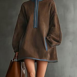 TEMU 웨스턴 빈티지 콤포짓 루즈핏 캐주얼 스탠드 칼라 컬러 블록 지퍼 악센트 드레스-ZLLZ