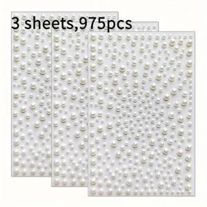 TEMU 접착식 흰색 평면 뒷면 인조 진주 스티커 3장 (975개입), 접착제 불필요. 얼굴, 손톱, 주얼리, 홈 데코, 할로윈, 크리스마스 등에 적합