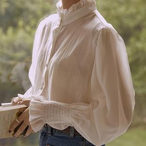 TEMU 여성용 셔츠, 스몰 사이즈 높은 카라 러플 트림, 우아하고 우아한 스타일, 2026년 봄/여름 신상품, 내추럴 이어 엣지, 신축성 있는 커프스, 프렌치 스타일 시폰 블라우스, 일상 출퇴근용 세미 시스루 심플 탑