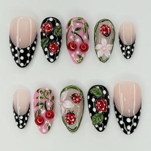 TEMU 블랙 프렌치 화이트 도트 인조 네일 패치 - 24개입, 레이디버그 귀여운 프렌치 팁, 3D 아이스 반투명 꽃, 여성에게 이상적인 선택