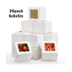 TEMU 20개입 흰색 6x6x5인치 대형 물결 창문 바구니 종이 케이크 상자 | 크림 쿠키, 마카롱, 치즈케이크, 초콜릿, 딸기 케이크, 선물, 컵케이크 및 스낵용 일회용 사각 종이 용기 | 플립형 뚜껑 잠금