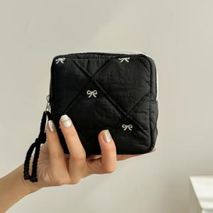 TEMU 새로운 퀼팅 자수 리본 메이크업 파우치, 여행용 휴대용 화장품 파우치, 립스틱 케이스, 다기능 생리대 정리함, 발렌타인데이 선물 보관 가방