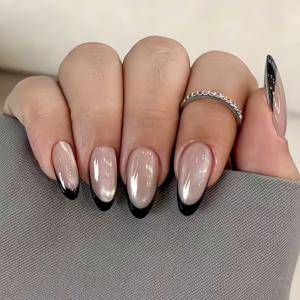 TEMU 10개입 핸드메이드 아몬드 프레스 온 네일 세트 | 샴페인 스파클 고양이 눈, 블랙 프렌치 팁, 고급스러운 럭셔리 스타일, 모든 행사, 데일리 파티, 가을 겨울 컬렉션, 재사용 가능한 인조 네일