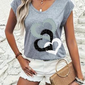 TEMU 하트 프린트 V넥 티셔츠, 봄 여름 가을 캐주얼 긴팔 티셔츠, 여성 의류