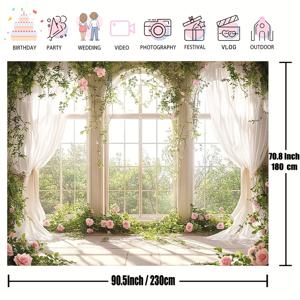 TEMU 우아한 봄 장미 성 창문 사진 배경 - 숲 정원 & 궁전 발코니 꽃이 있는 폴리에스테르 태피스트리, 부활절, 생일 파티 및 방 장식에 이상적