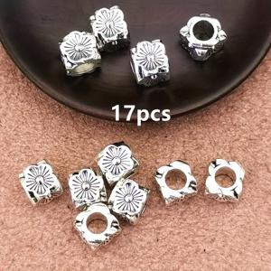 TEMU 17pcs 빈티지 꽃 장식 비즈 - 대형 구멍 목걸이, 스타일 DIY 팔찌, 목걸이 및 귀걸이용 보석 구성품, 8mm, 주석 합금, DIY 보석 만들기|빈티지 꽃 디자인|주석 합금 비즈, 보석 만들기 용품