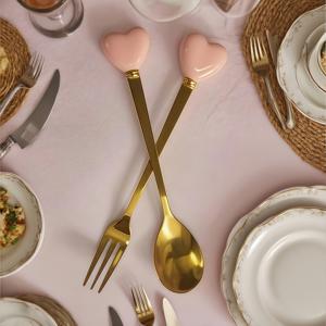 TEMU 우아한 금도금 디저트 포크와 스푼 2개 세트 - 포크 1개 및 스푼 1개 포함 | 세라믹 손잡이 (14Cm/11Cm) | 오후 티, 결혼식 및 디저트 모임에 적합
