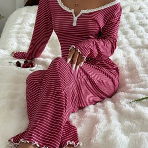 TEMU 프린트 빈티지 스타일 여성용 롱 파자마, 라운드넥 및 긴 바지, 홈웨어