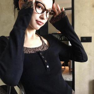 TEMU 여성용 U넥 홀터 긴팔 티셔츠, 아메리칸 핫티 스타일, 프린트 패치워크 버튼 디자인, 봄/가을 패션용, 캐주얼 활용도 높은 슬림핏 크롭 탑