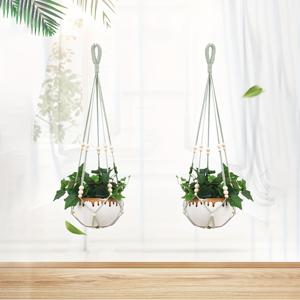 TEMU 2개 세트 시크한 마크라메 식물 걸이, 나무 비즈 포함 - 태슬 없음, 튼튼한 패브릭 행잉 바스켓, 실내외용, 작은 식물에 이상적, 야외 화분 거치대|장식용 매달림|나무 비즈 악센트, 식물 걸이