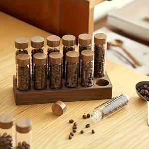 TEMU 12개 유리 커피 원두 및 보관 용기 세트 (월넛 받침대 포함) - 재사용 가능, 플립형 밀폐 용기 - 커피 및 주방 정리에 적합