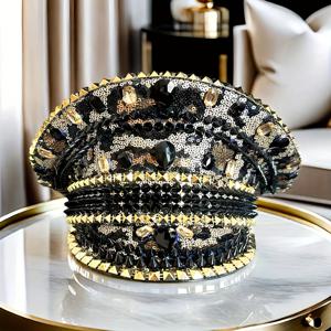 TEMU 블링 라인스톤 캡틴 모자 - 마르디 그라스용 반짝이는 글래머러스 조절 가능한 시퀸 파티 캡 | 프린트 빈티지 파티 모자 - 레이브, 카니발, 버닝맨, 디스코, 새해 및 크리스마스용
