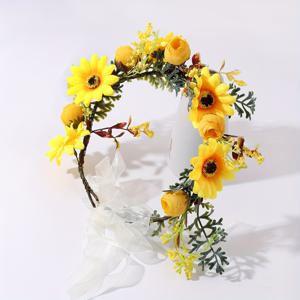 TEMU 1개 옐로우 꽃 가랜드 헤어밴드 (리본 & 보우 포함) - 멀티컬러 플라워, 비치 웨딩, 파티, 신부, 여름 헤어스타일 (대부분 호환)