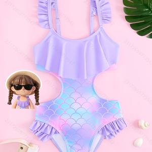 TEMU 여아용 물고기 스케일 패턴 원피스 수영복, 연꽃 잎 장식, 멜빵, 여아용 패셔너블 수영복, 해변 온천 휴가에 적합