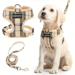 TEMU 강아지 하네스와 리드 세트, 체크무늬 귀여운 펫 하네스 - 산책, 훈련, 하이킹, 여행, 야외용, 강아지, 고양이, 동물 모두 사용 가능