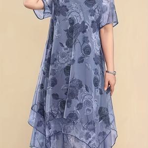 TEMU 플러스 사이즈 - 플러스 사이즈 - 중년 및 노년 여성용 시크 쉬폰 드레스, 스타일리시한 플러스 사이즈 엄마 드레스