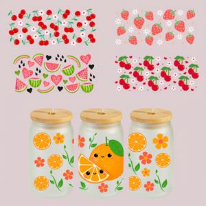 TEMU 귀여운 과일 UV DTF 전사 스티커 5개 세트 - 유리컵/머그컵/냉장고용 고품질 스크래치 방지 3D 비닐 필름, 반짝이는 글리터 DIY 다림질 패치, 레몬, 체리, 수박, 포도 디자인