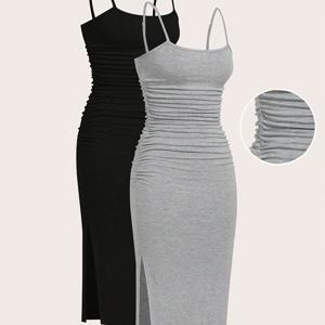 TEMU 2팩 여성 여름 스파게티 스트랩 분할 원피스 | 단색, 필통 스타일, 성인용