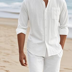 TEMU 아메리칸 남성용 하와이안 스타일 린넨 통기성 세트, 헨리 넥 캐주얼 긴팔 셔츠와 비치 아미카 5포켓 쇼츠