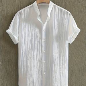 TEMU 남성용 여름 반팔 셔츠 - 가볍고 통기성 좋은 단색 스탠드업 칼라 버튼업 캐주얼 셔츠, 세탁기 사용 가능, 해변 휴가, 수영장 파티, 캐주얼 복장에 적합, 비치 셔츠