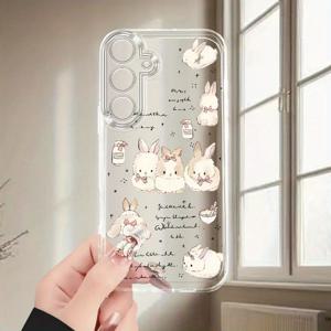 TEMU 휴대폰 케이스 - 우유병 토끼 폰 케이스 (삼성 갤럭시 A02 A03S A04 A05S A06 A13 A14 A15 A16 5G A21S A22 A23 A24 A25 A26 A32 A34 A35 A36 A50 A52 A53 A54 A55 A56 A73 S21 울트라 S22 플러스 S23+ S24 FE S48), 만화 투명 미끄럼 방지 풀커버