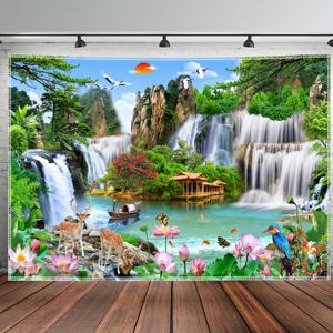 TEMU 1개 - 초대형 사이즈 - 경관 파빌리온 워터폴 풍수 풍경 사진 테이프스트리, 폴리에스터 아세틱 HD 프린트된 걸이 천, 거실 침실 사무실 홈 룸 파티 장식, 벽 장식, 설치 필요 없음