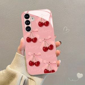TEMU 폰 케이스: 니치 크리에이티브 패션 리본 체리 패턴 폰 케이스, 갤럭시 S25/S25 플러스/S25 울트라/S25/S24/S24 플러스/S24 FE/S24 울트라/S23/S23 FE/S23+/S23 울트라/S22/S21/S20, 갤럭시 A14/A25/A34/A54/A53/A52/A55/A56 호환, 착용감 좋은, 얼룩 방지, 초슬림 폰 케이스