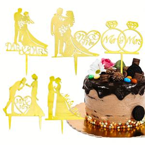 TEMU 골든 글리터 신랑신부 사인 웨딩 케이크 토퍼 5개 세트, 합성 보석 장식 아크릴 웨딩 케이크 토퍼