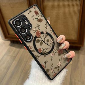 TEMU 삼성 갤럭시 S25 울트라, A14, A15, A16, A52, A53, A54, A55, S20 FE, S21 FE, S21, S22, S22 울트라, S23, 23 플러스, S23 울트라, S24, S24 플러스, S24 울트라, S25, S25 플러스, S2 울트라용 장미덩굴 자석 무선 충전 케이스 - 매트 스킨 텍스처 프린팅 방탄 보호 커버